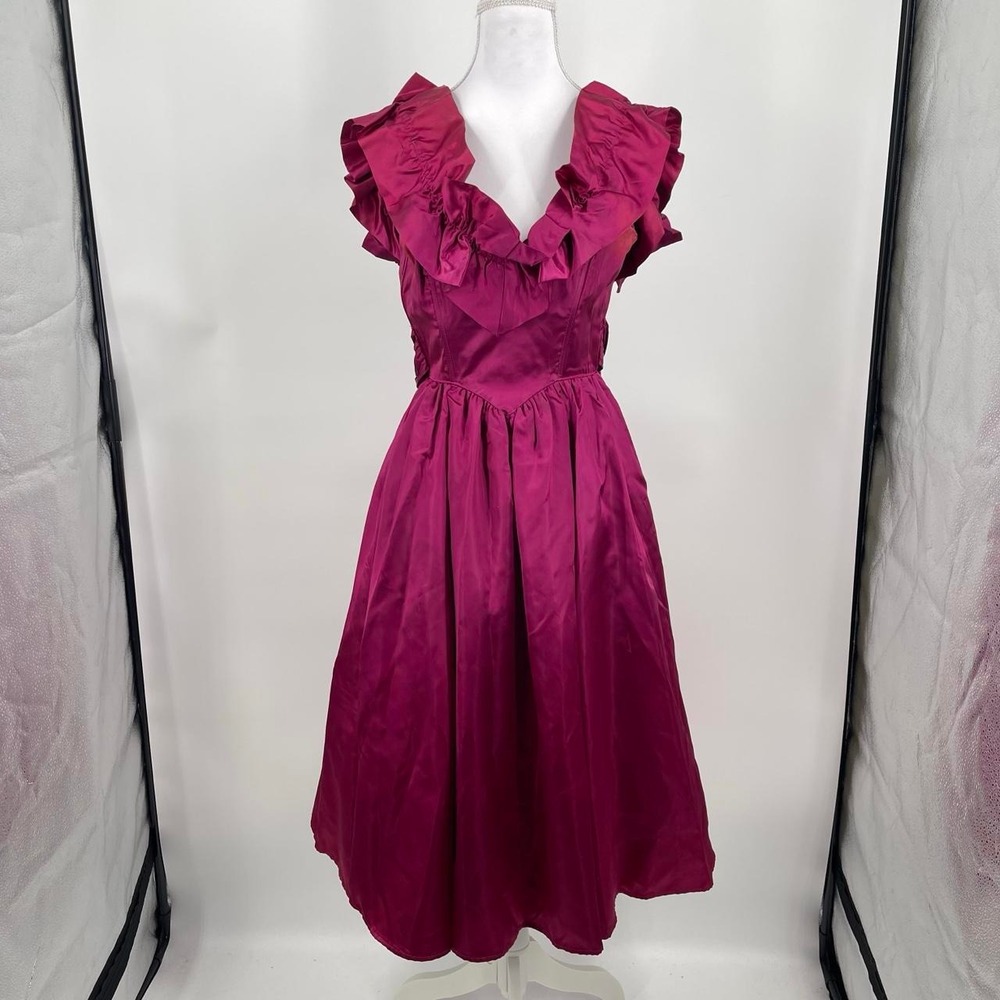 Vintage 70s Gunne Sax Midi Dress Ruffle 3 S Satin Pink Retro Formal Whimsy Event